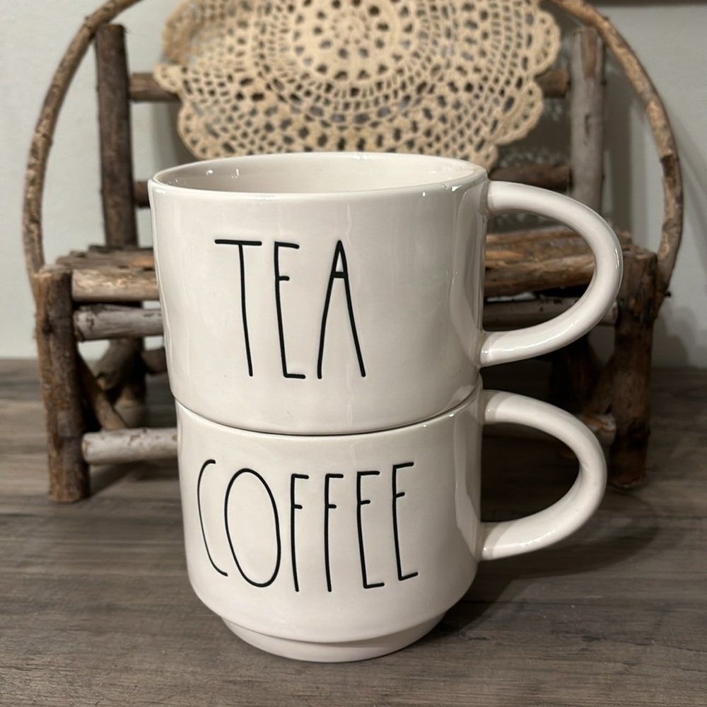 NWOT RAE DUNN FRIENDS COFFEE & TEA CERAMIC STACKING MUGS SET OF 2 - Picture 3 of 8